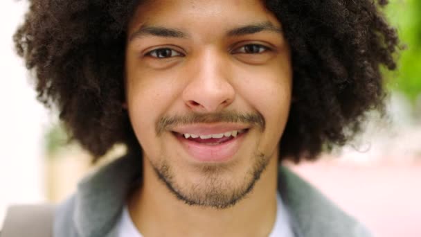 Egy fiatal, boldog fekete diák egy afro áll odakint a városban. Egy jóképű és stílusos férfi portréja, aki mosolyog a pozitív főiskolai eredményeire. Egy örömteli utazó élvezi a várost.. - Felvétel, videó