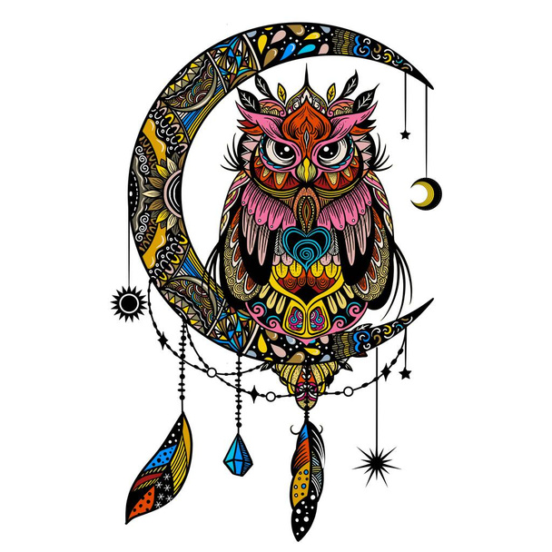 colorful owl zentangle art illustration . Ethnic patterned vector illustration. African, indian, totem, tribal, design. Sketch for adult  coloring page, tattoo, poster, print, t shirt - Vecteur, image
