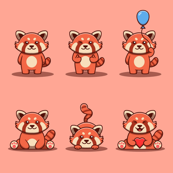 Cute Red Panda Mascot Set Vector Illustration. Flat cartoon style. - Vector, Image