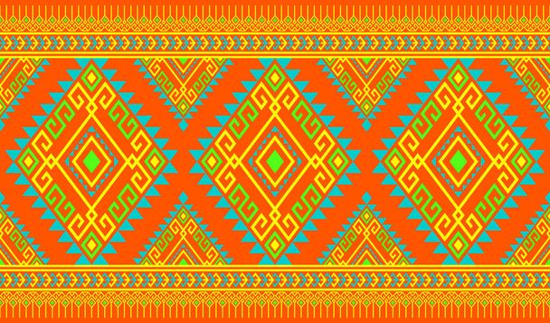 Yellow Green Symmetry Geometric Ethnic Seamless Pattern Design on Orange Background. Eastern Embroidery Rhomboid Style - Vector, Imagen