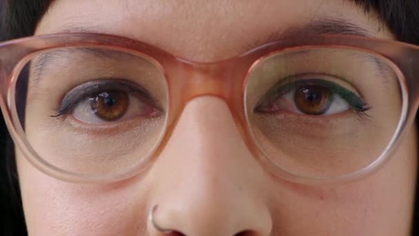 Voorgeschreven bril voor zicht en zicht. Close-up van een vrouw die een bril draagt tijdens een bezoek aan de optometrist. Gezicht van een vrouw op zoek naar nieuwe brillen om problemen zoals astigmatisme te corrigeren. - Video