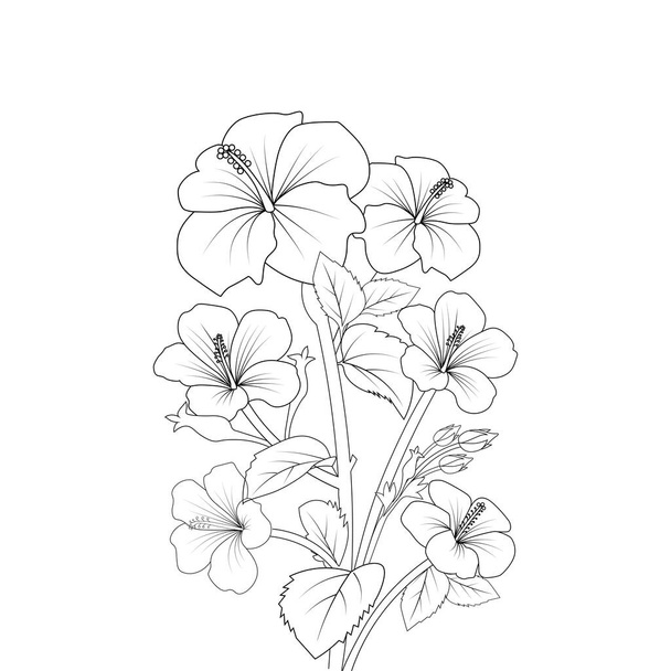 red hibiscus flower coloring page line drawing with print template for kid and adult - Vector, imagen