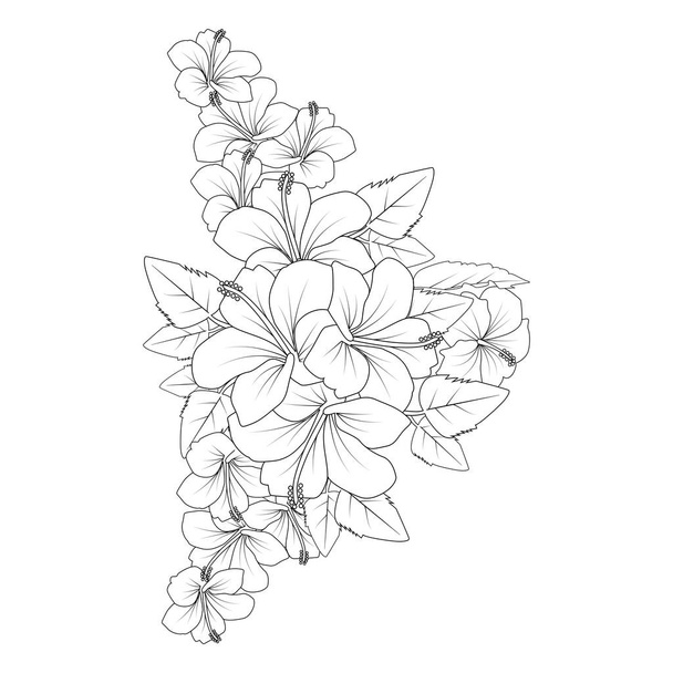 red hibiscus flower coloring page line drawing with print template for kid and adult - ベクター画像