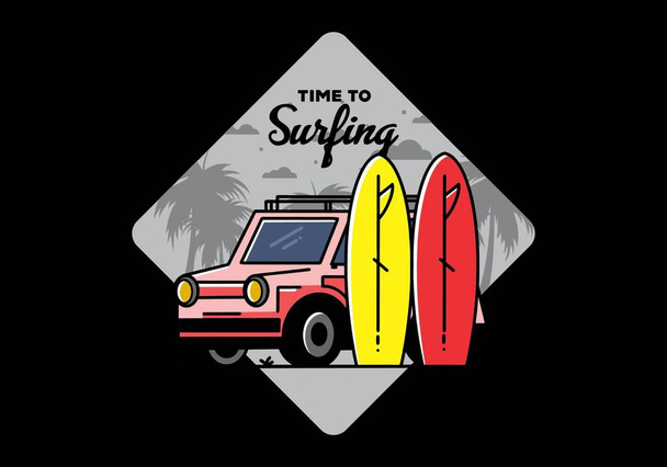 Illustration design of a small car and two surfboards - Vector, Imagen