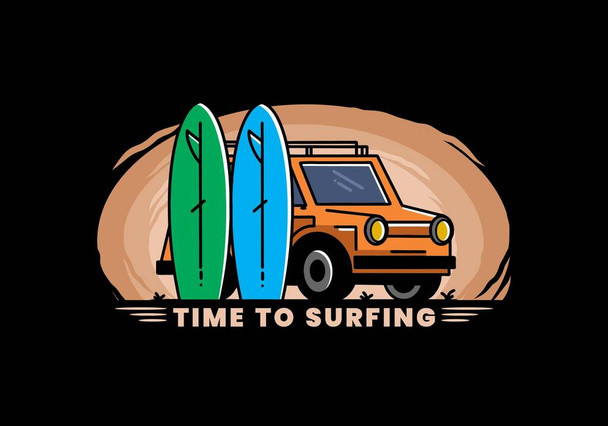 Illustration d'une petite voiture et de deux planches de surf - Vecteur, image