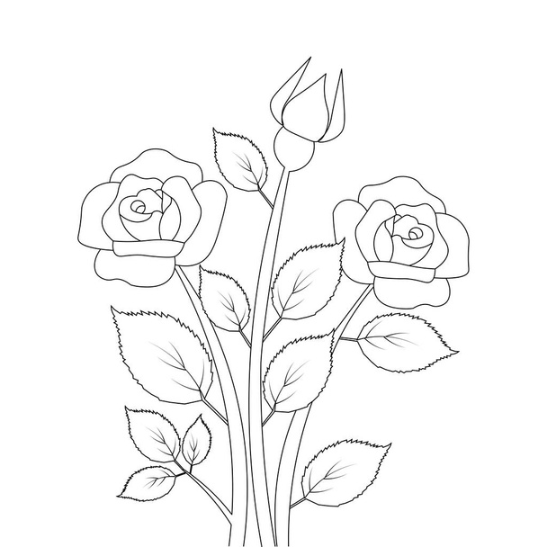 rose flower coloring page template for kids educational print element design - Vektor, obrázek
