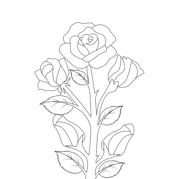 black and white rose flower coloring book page illustration artwork for print - Vecteur, image