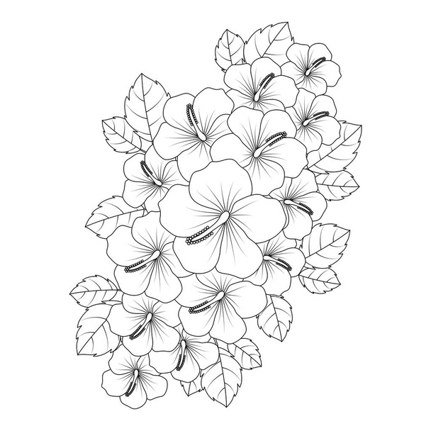 china rose flower petal blooming and leaves doodle line art coloring book page - Wektor, obraz