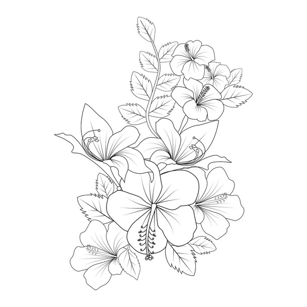 china rose flower doodle coloring page illustration with line art stroke - Vector, Image