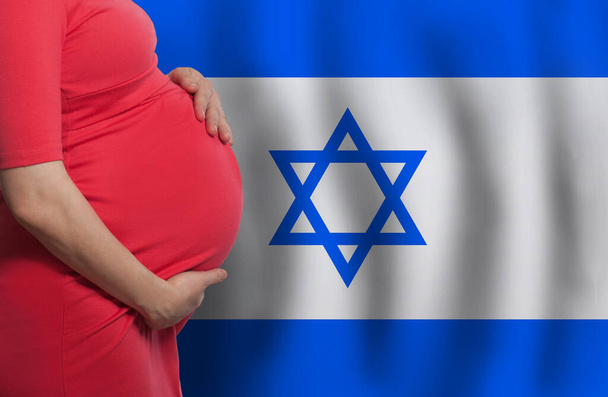 Закрийте животик вагітної жінки на тлі ізраїльського прапора. - Фото, зображення