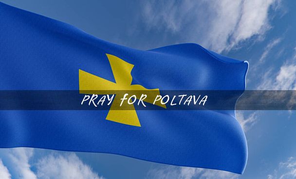 Bandera de Poltava, Rezar por la región de Poltava de Ucrania, Rezar por Ucrania, Bandera de Ucrania región y el cielo azul de fondo, el trabajo en 3D y la ilustración 3D - Foto, imagen