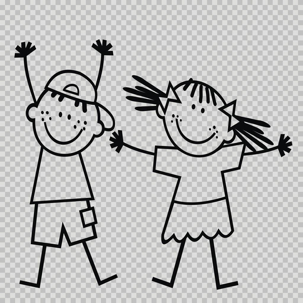 Two children, boy and girl, black outline, line art, transparent background, vector illustration - Vector, imagen