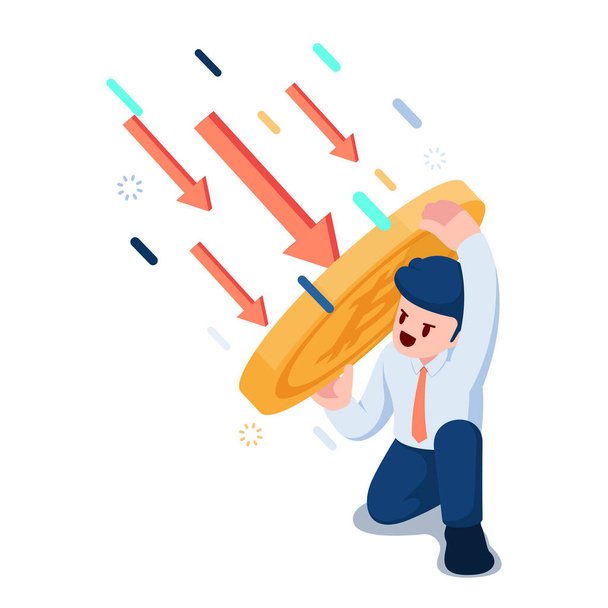 Flat 3d Isometric Businessman Use Bitcoin as a Shield to Protect Him From Falling Arrow. Bitcoin Cryptocurrency as a Safe Heaven from Stock Market Crash Concept.  - Vector, Image