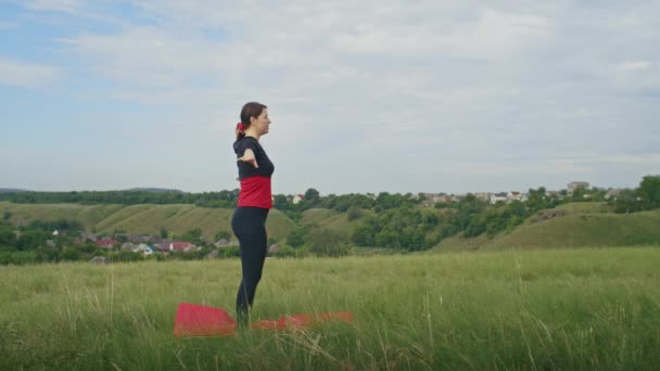 onnellinen nuori nainen joogaa ulkona. hengitysharjoituksia luonnossa kesällä - Materiaali, video