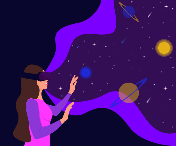 Meta evren mi sanal dünya mı? VR gözlüklü kız. Çirkin gerçeklik alanı. VR teknolojisi, metaevren oyun. - Vektör, Görsel