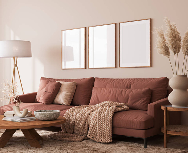 Cozy living room design, poster frame mockup in warm interior design space, 3d render - Fotografie, Obrázek