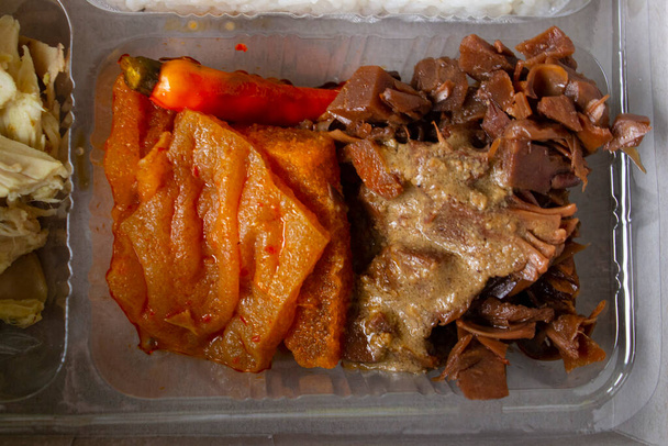 lunch boxes gudeg are similar to Bento boxes - rice boxes, rice, catering boxes, food services (rice warm, sweet eggs, krecek, tofu, tempeh, pieces of chicken,) - Foto, immagini