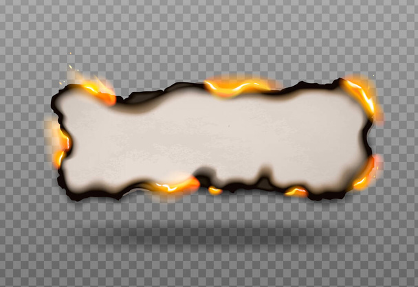 Papier brûlé composition réaliste avec fond transparent et trou avec côtés brûlants avec illustration vectorielle de flammes de feu orange - Vecteur, image