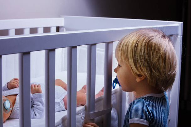 Little blond toddler brother look in the crib of newborn sister - 写真・画像