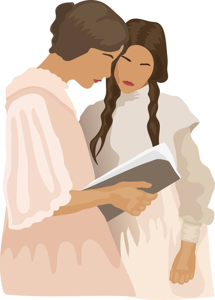  Two young women reading a book, standing next to each other. Girls reading a booklet. Vintage style dresses and hairstyles. Feminine vector illustration. - Vektor, obrázek