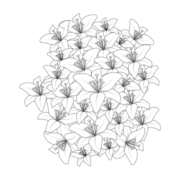 black and white background of doodle lily flower of decorative line art drawing - Vetor, Imagem