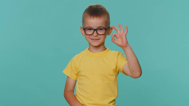 小さな幼児の子供の男の子は、肯定的なサインのような同意ジェスチャーを示すカメラを見て、何か良いことを承認します。若いです就学前の子供で眼鏡で一人でブルースタジオの背景に - 写真・画像