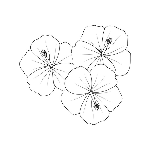 red hibiscus flower vector line art design on black and white background for coloring page - Vetor, Imagem