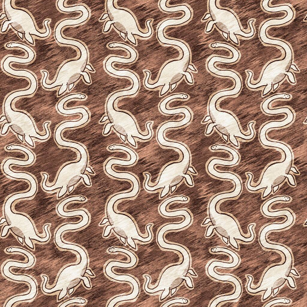 Brown hand drawn plesiosaur dinosaur seamless pattern. Gender Neutral Jurassic fossil silhouette for baby nursery. Gender neutral home decor for museum, extinction and textile design  - Photo, Image