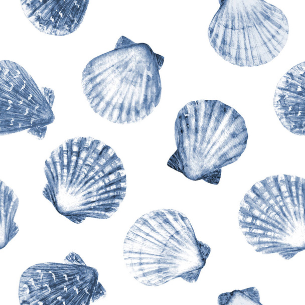 Watercolor seashell seamless pattern. Hand drawn sea shells navy blue monochrome texture vintage ocean background. Watercolour marine illustration. Print for wallpaper, fabric, textile, wrapping paper - 写真・画像