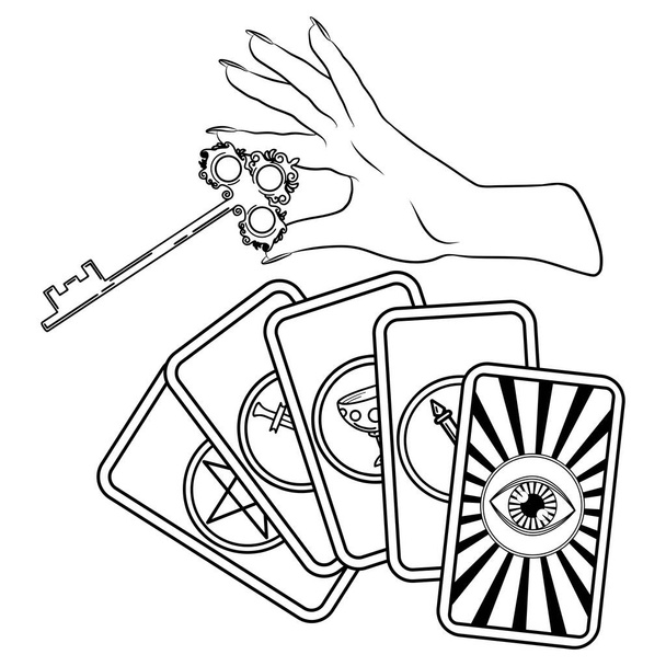 Рука намальована Векторна ілюстрація з людською рукою, ключем і картками таро на білому тлі. Концепція передбачення. Всі бачать око, купу, пентаклі, мечі, палички. Окультизм, езотерика, духовність, масони
 - Вектор, зображення