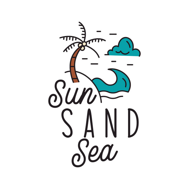 Minimalistisches Vektorbanner mit Sun Sand Sea Inschrift und Illustration mit Wellenwolke und Palme auf weißem Hintergrund - Vektor, Bild