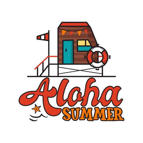 Kreatywny kolorowy wektor ilustracja z ratownik wieża ozdobiona trójkątnymi flagami i Aloha Summer napis na białym tle - Wektor, obraz