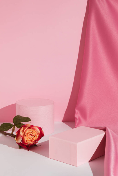 Romantic pastel pink composition. Satin curtain and rose flower. Suitable for Product Display and Business Concept. Modern aesthetic. - Φωτογραφία, εικόνα