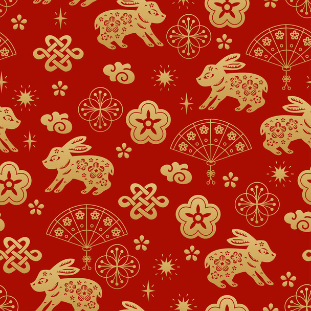 Chinês tradicional ornamento oriental fundo, signos do zodíaco padrão de coelho sem costura. Japonês, elementos chineses. Textura asiática para impressão, embalagem, têxteis, tecido, papel washi, scrapbooking - Vetor, Imagem