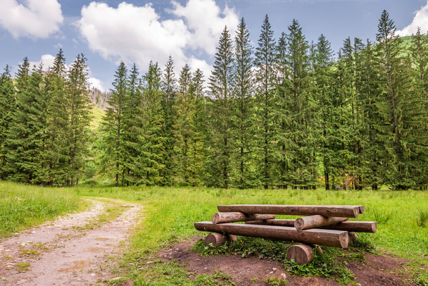 Wooden bench in Koscieliska valley in Tatra Mountains, Poland, Europe - Fotoğraf, Görsel