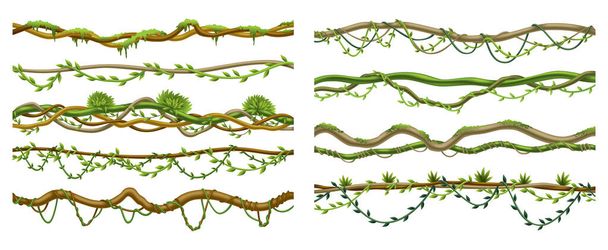 Lianas stems border set. Rainforest green vines or twisted plant hanging on branch. Cartoon jungle creeper branches, leaves and moss on tree. Vector isolated game scenery elements. - Vector, Image