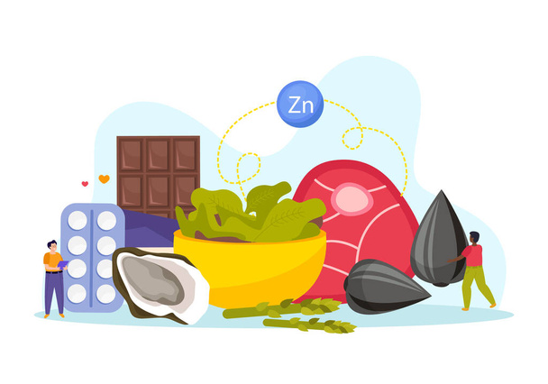 Healthy rich in zinc food flat composition with chocolate sunflower seeds asparagus oyster vitamins and little people vector illustration - Vektori, kuva