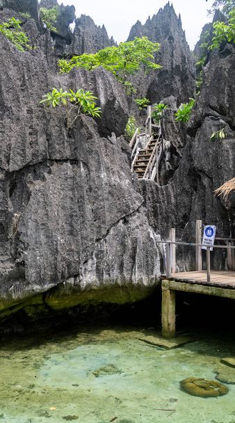 Agua cristalina en el lago Barracuda, Coron, Palawan. Rodeado de acantilados de piedra caliza, una popular atracción turística y lugar de buceo en Phillipines. - Foto, Imagen