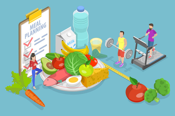 Illustrazione concettuale concettuale del vettore piatto isometrico 3D di pianificazione dei pasti, servizio dietetico individuale - Vettoriali, immagini
