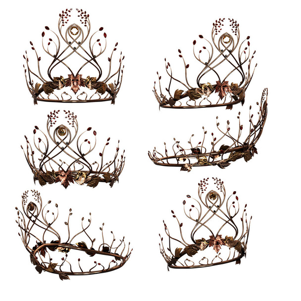 Ornate intricate bronze metal fantasy crown on isolated background, 3D Illustration, 3D Rendering - 写真・画像