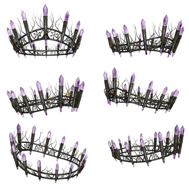 Zdobené složité kovové fantasy koruny s ametystovými drahokamy na izolovaném pozadí, 3D ilustrace, 3D vykreslování - Fotografie, Obrázek