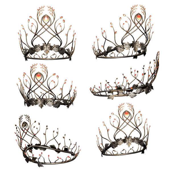Zdobená složitá metalová fantasy koruna s opálovými drahokamy na izolovaném pozadí, 3D ilustrace, 3D vykreslování - Fotografie, Obrázek