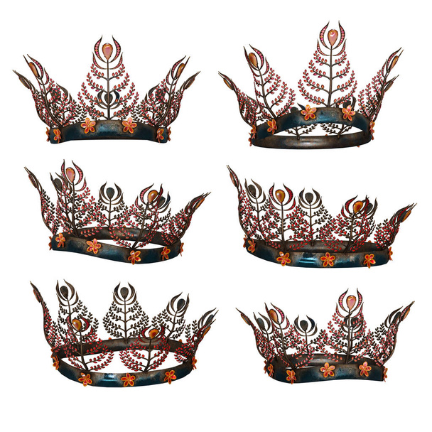Ozdobiona metalowa korona fantasy z pomarańczowymi klejnotami na odosobnionym tle, ilustracja 3D, renderowanie 3D - Zdjęcie, obraz