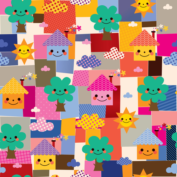 Houses, trees and clouds kids pattern - Vector, Image
