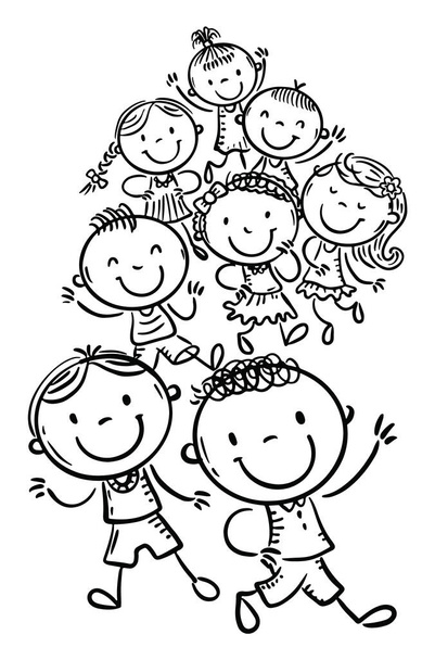Tłum szczęśliwy dzieci bawiące się na zewnątrz, ręcznie rysowane zarys wektor clipart ilustracja - Wektor, obraz