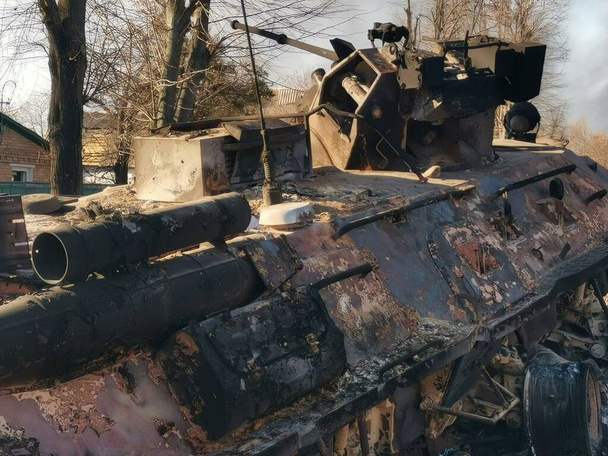 Bucha. Russo-Ukrainian War 2022. Russian military vehicles destroyed by Bayraktar precision strikes. - 写真・画像
