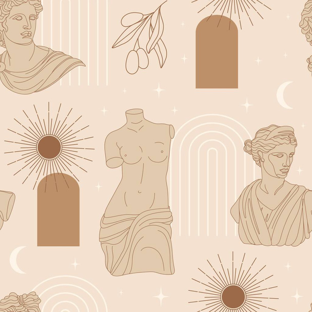 Seamless pattern with antique statues, abstract terracotta shape, plants, sun, moon and olive branch. Editable vector illustration for wrapping paper, packaging, fabric, wallpaper etc.  - Vektor, Bild