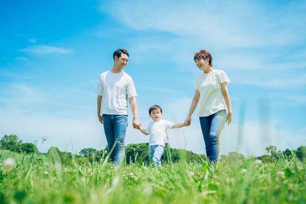 γονείς και το παιδί τους κρατώντας τα χέρια και περπατώντας σε ένα ηλιόλουστο πράσινο χώρο σε ωραία μέρα - Φωτογραφία, εικόνα