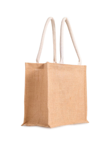 Fabric Hessian bag, sack brown with handle, reusable shopping bag isolated on white background. - Foto, Imagen