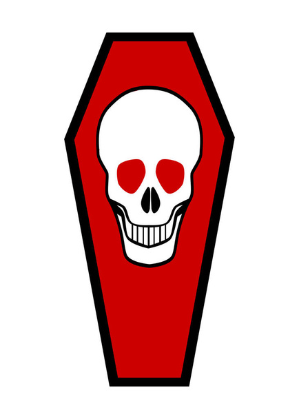 Ein zu Halloween geöffneter Sarg mit rotem Interieur und einem grinsenden weißen Totenkopf mit roten Augen auf weißem Hintergrund - Vektor, Bild